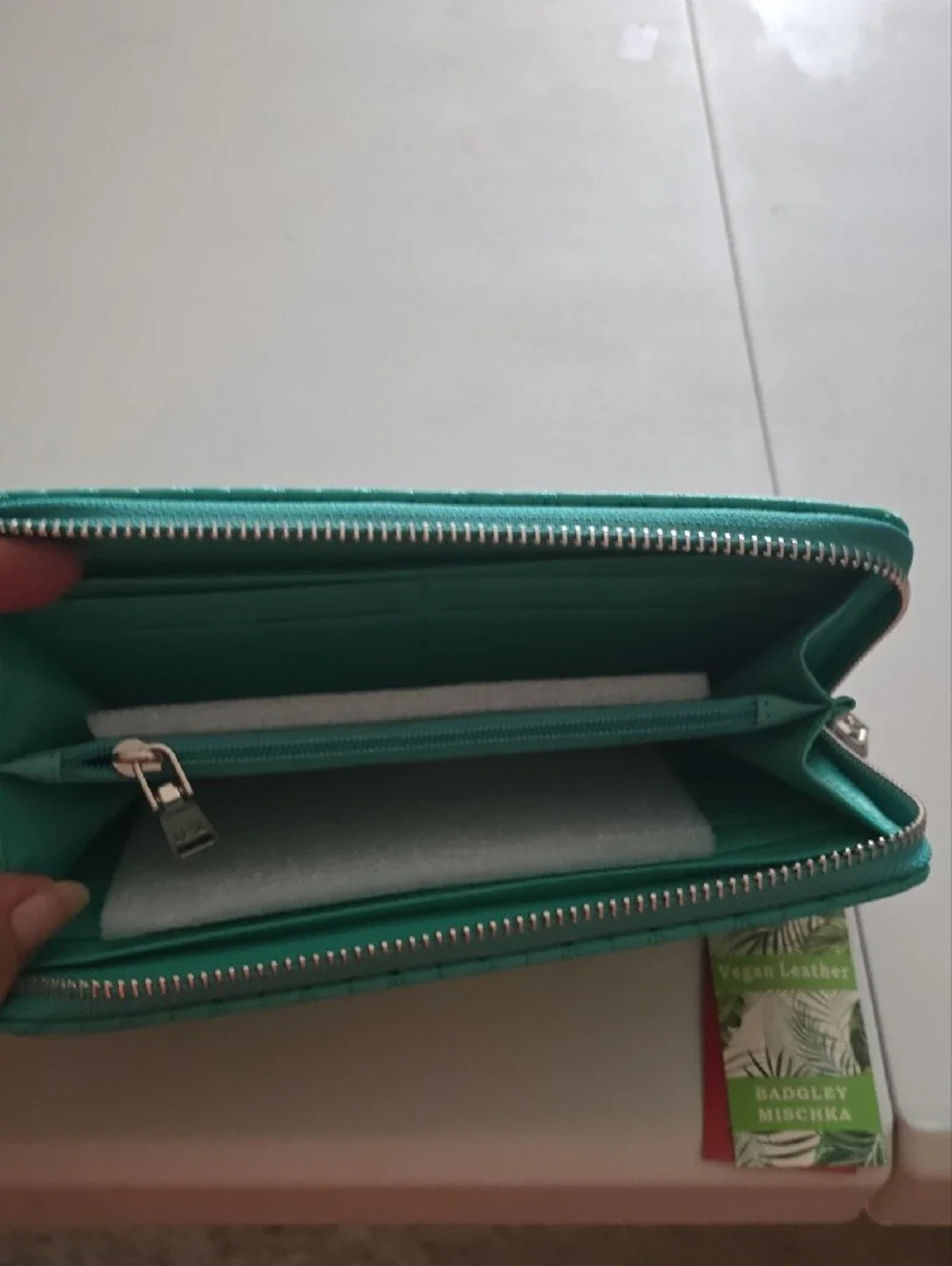 Badgley Mischka Quilted Green Zip-Around Wallet with Silver Logo